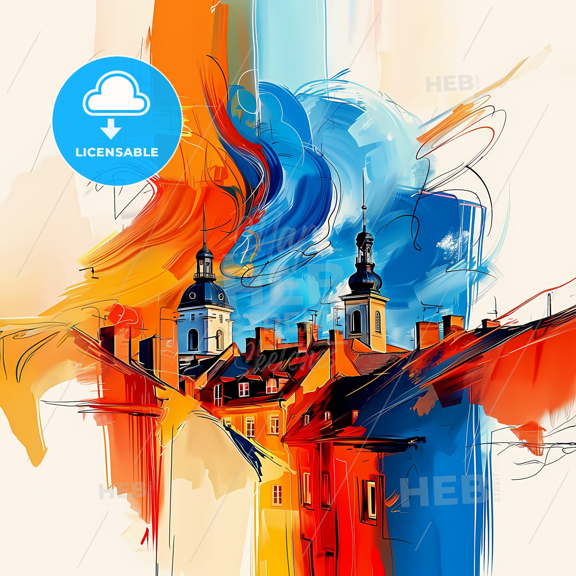 Vibrant Leverkusen, Germany - A Painting Of Buildings And A Colorful Sky