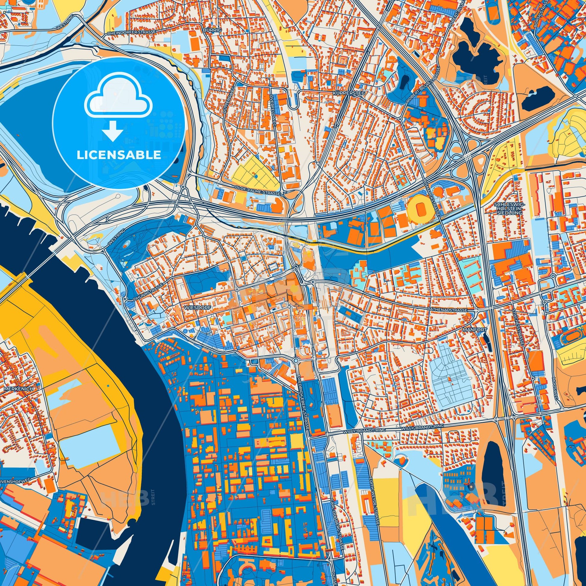 Colorful Leverkusen Street Map with Labels and Buildings