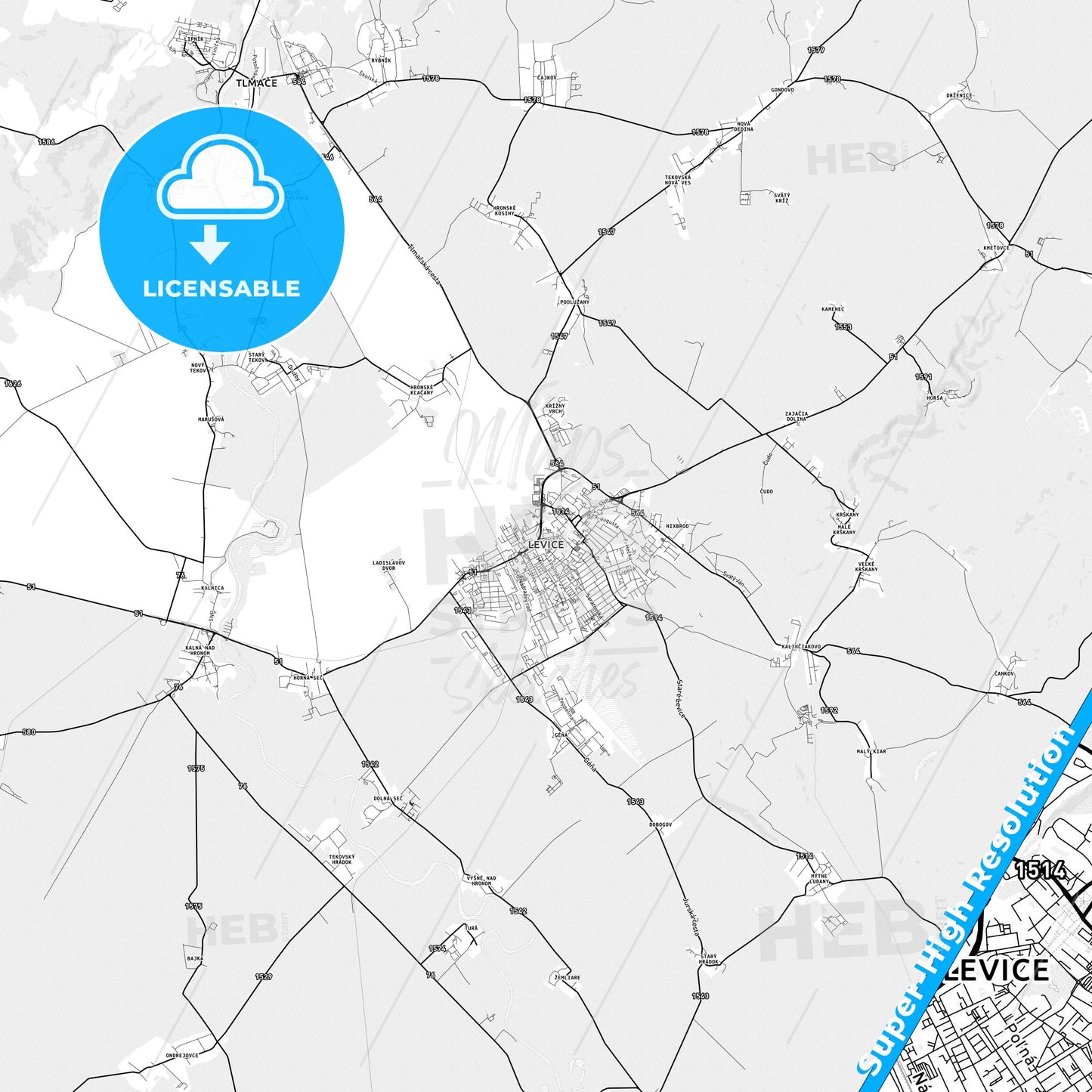 Levice, Slovakia light map with streetnames, citynames and districts
