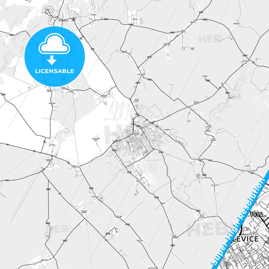 Levice, Slovakia light map with streetnames, citynames and districts