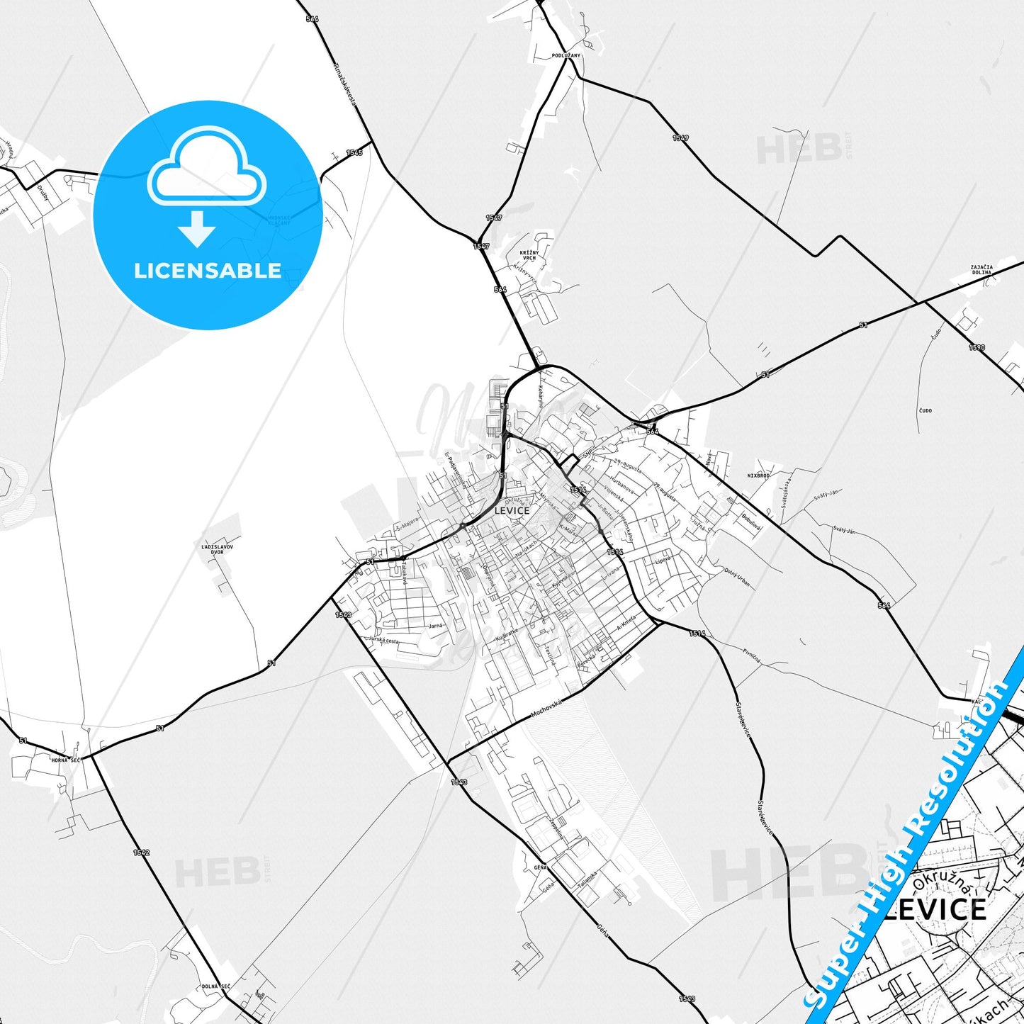 Levice, Slovakia Light Map with Street Names, City Names, and Districts