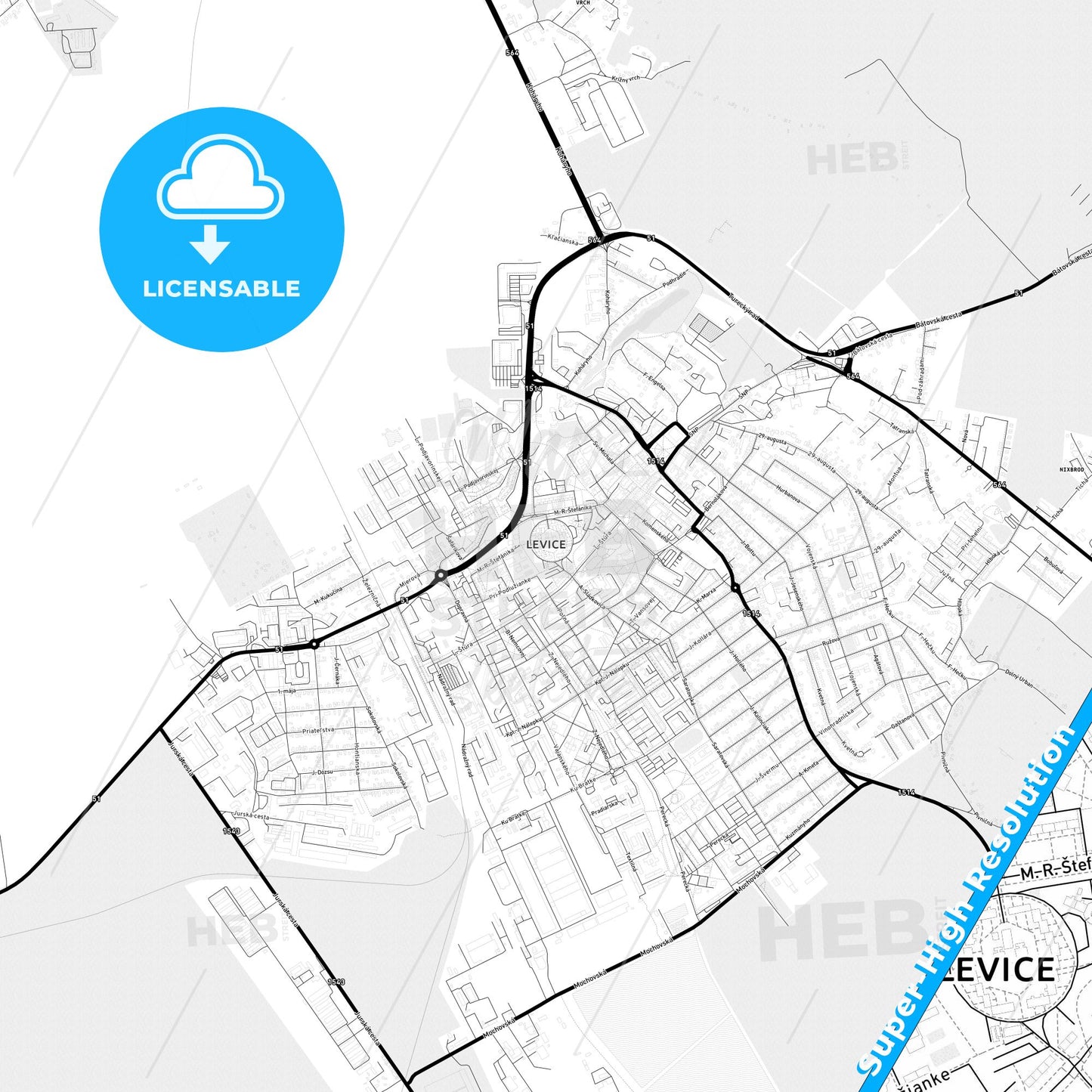 Levice, Slovakia Light Map with Street Names, City Names, and Districts