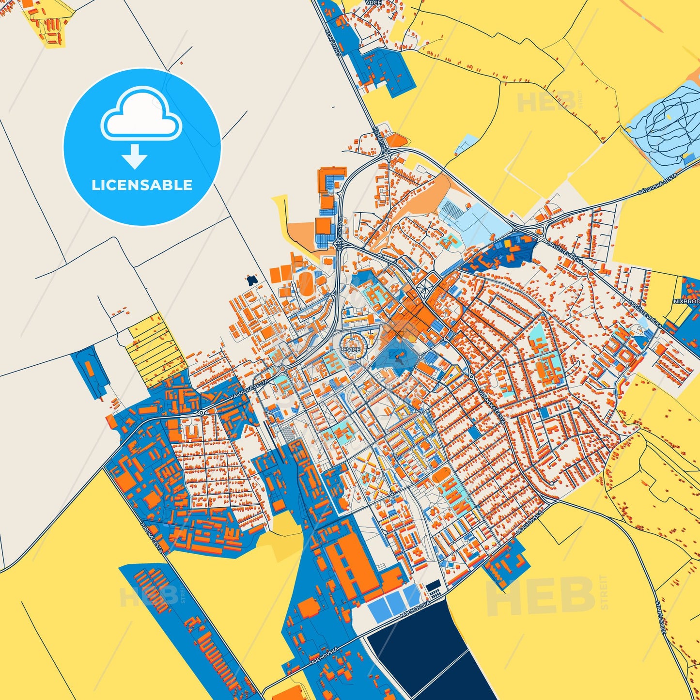 Colorful Levice Street Map with Labels and Buildings
