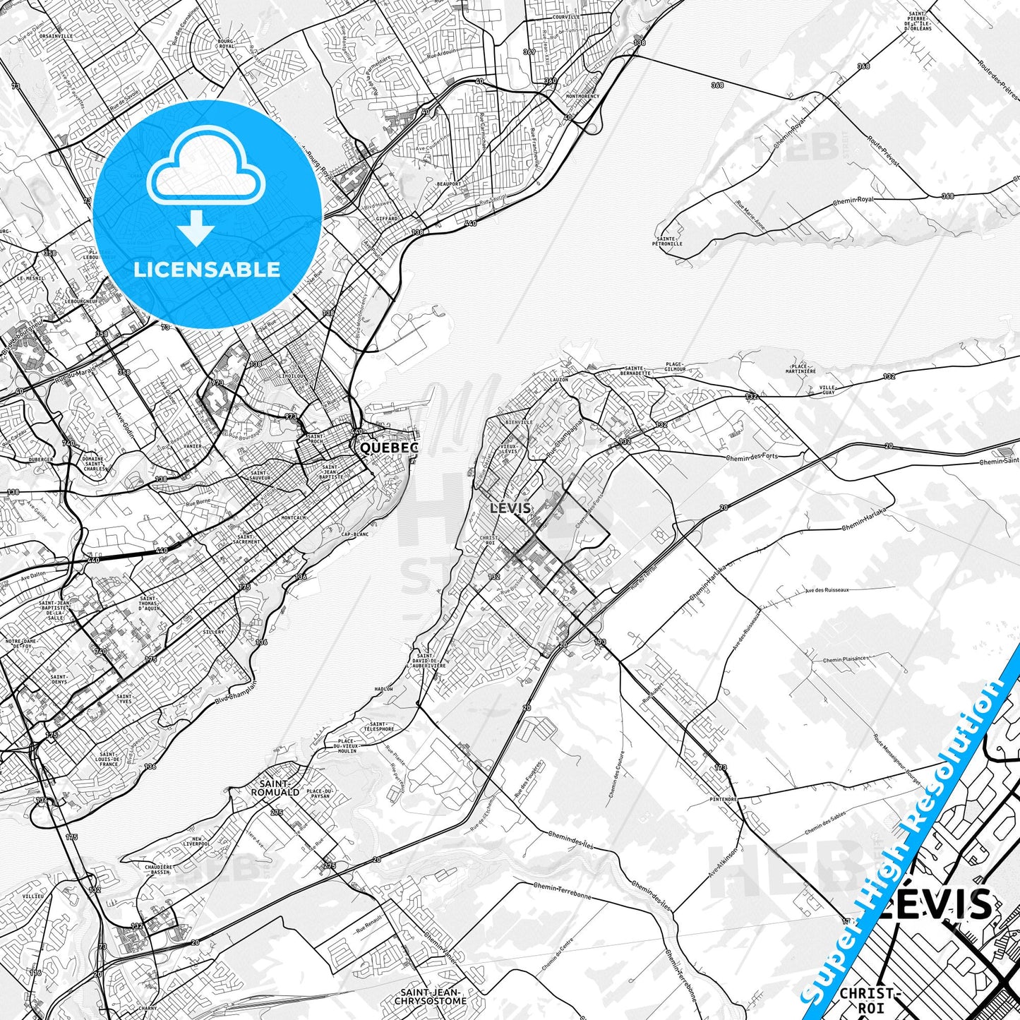 Lévis, Canada light map with streetnames, citynames and districts