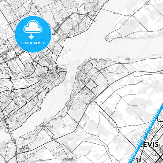 Lévis, Canada light map with streetnames, citynames and districts