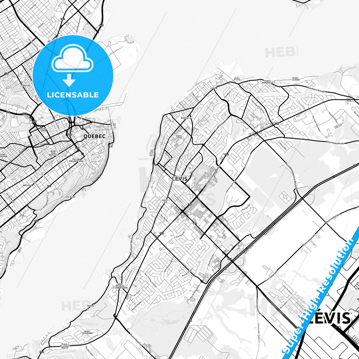 Lévis, Canada Light Map with Street Names, City Names, and Districts