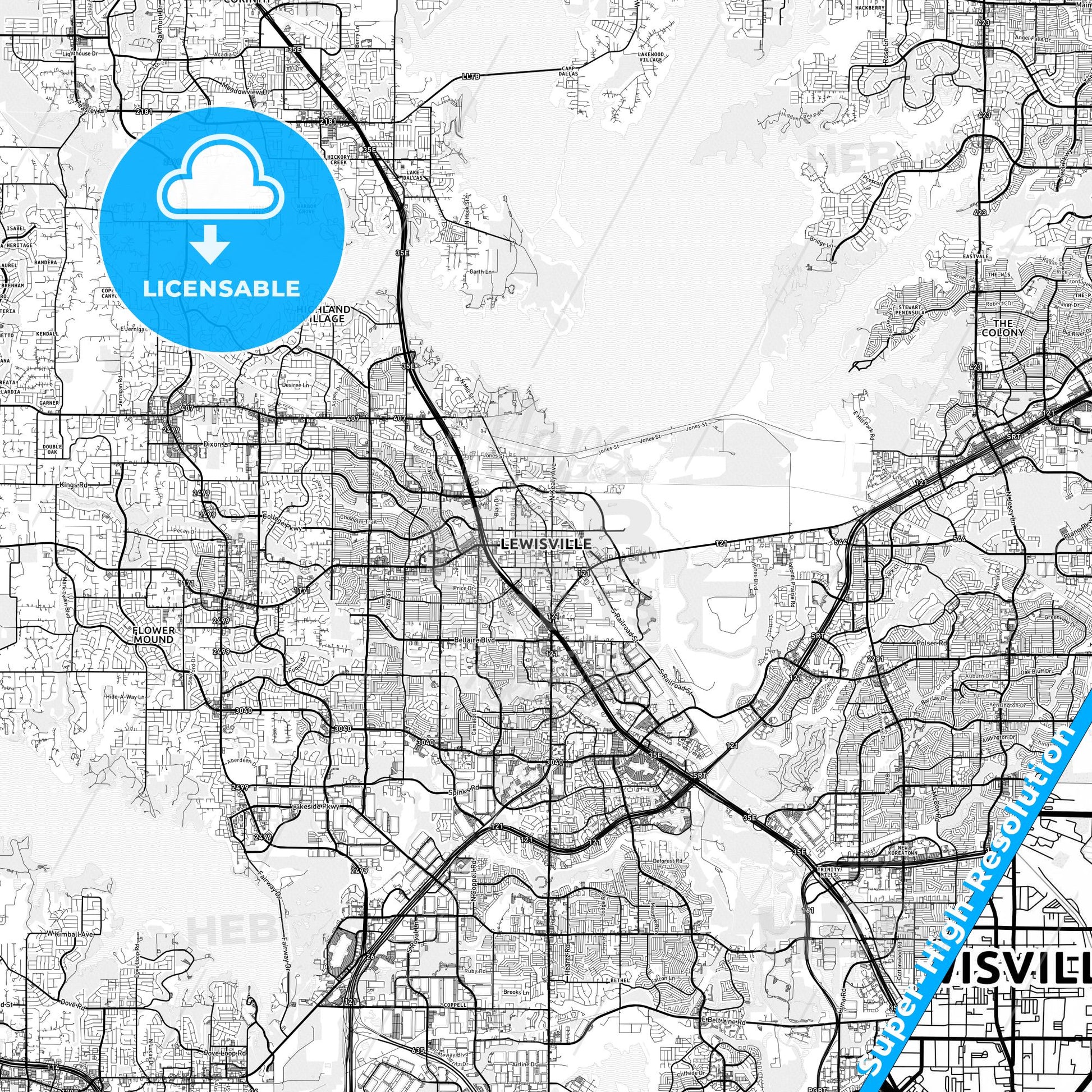 Lewisville, Texas light map with streetnames, citynames and districts