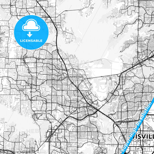 Lewisville, Texas light map with streetnames, citynames and districts