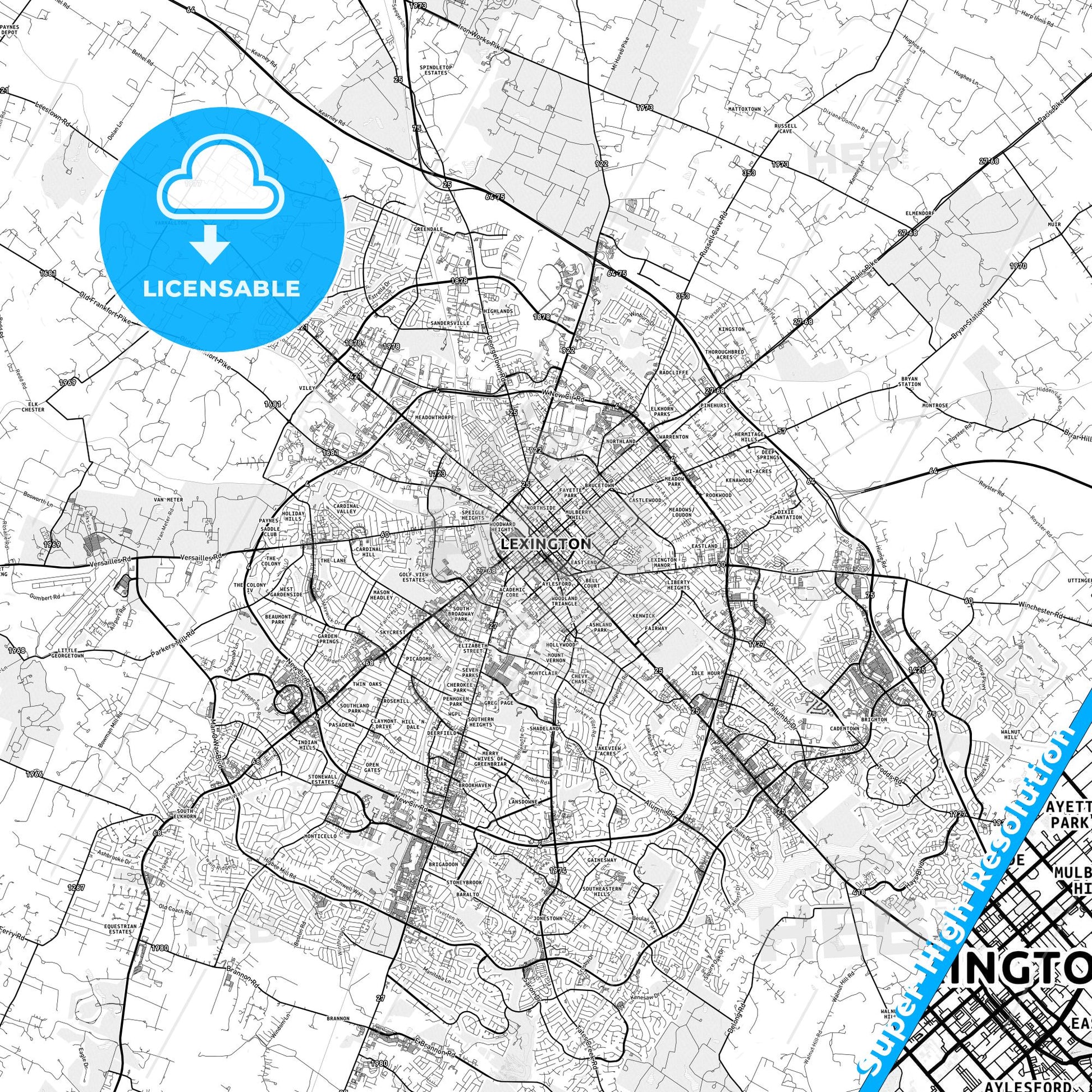 Lexington, Kentucky light map with streetnames, citynames and districts