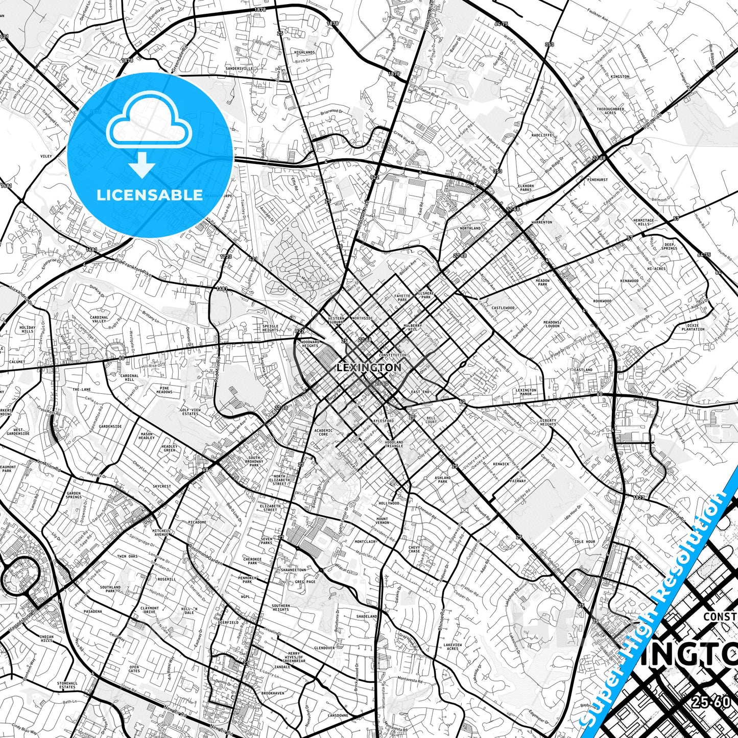 Lexington, Kentucky Light Map with Street Names, City Names, and Districts