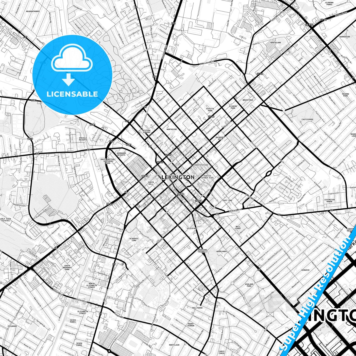 Lexington, Kentucky Light Map with Street Names, City Names, and Districts