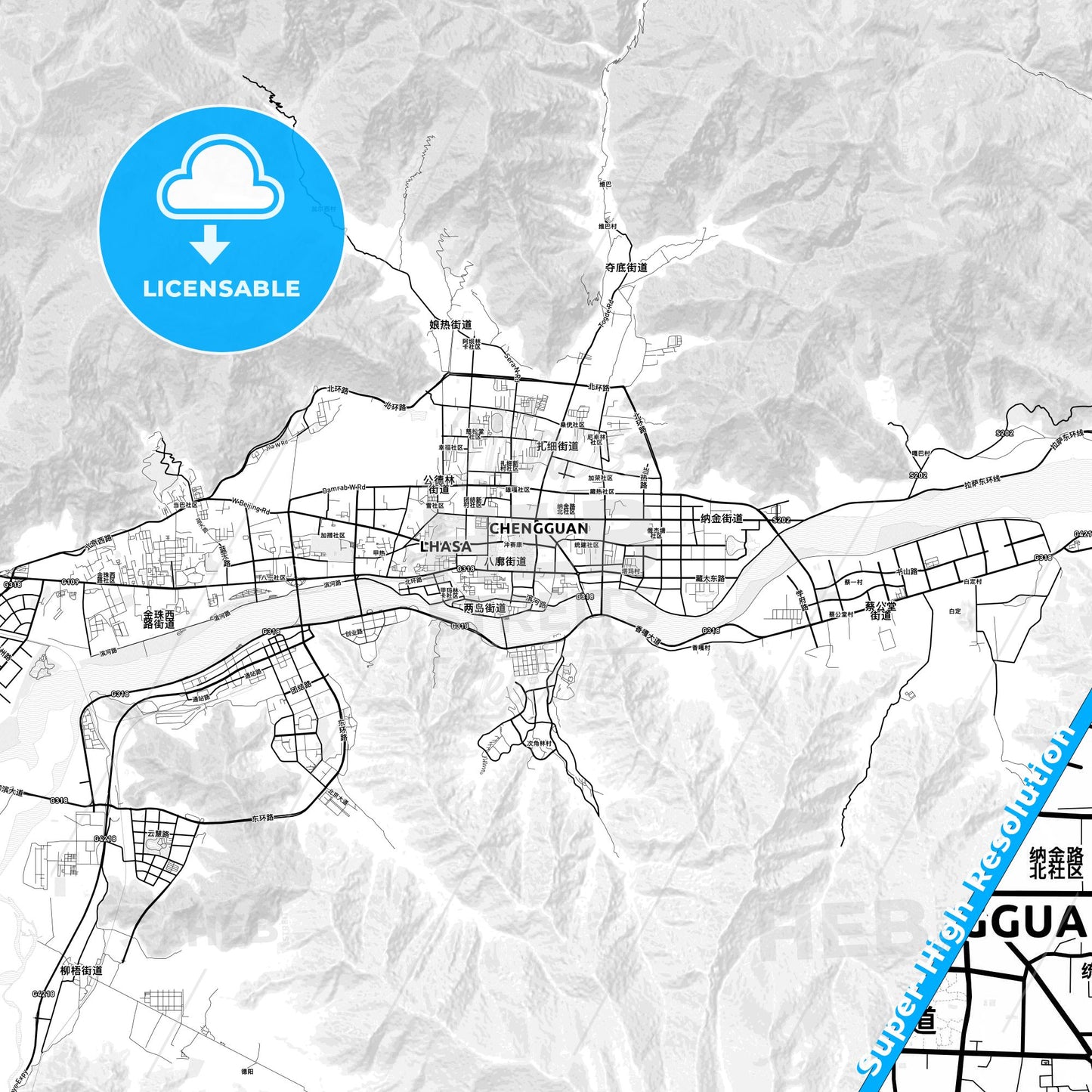 Lhasa, China light map with streetnames, citynames and districts