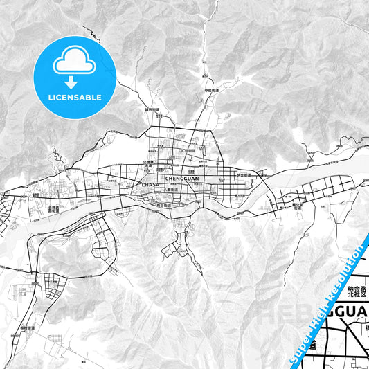 Lhasa, China light map with streetnames, citynames and districts