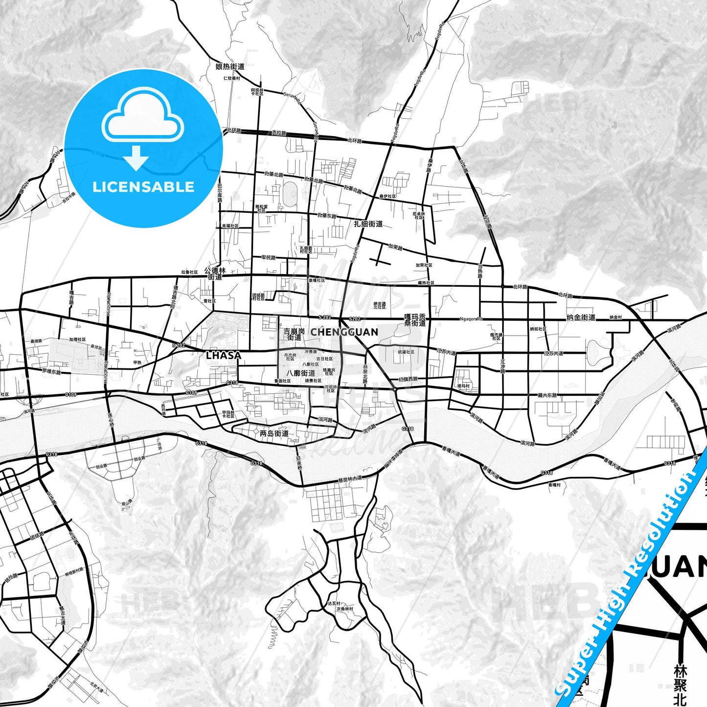 Lhasa, China Light Map with Street Names, City Names, and Districts