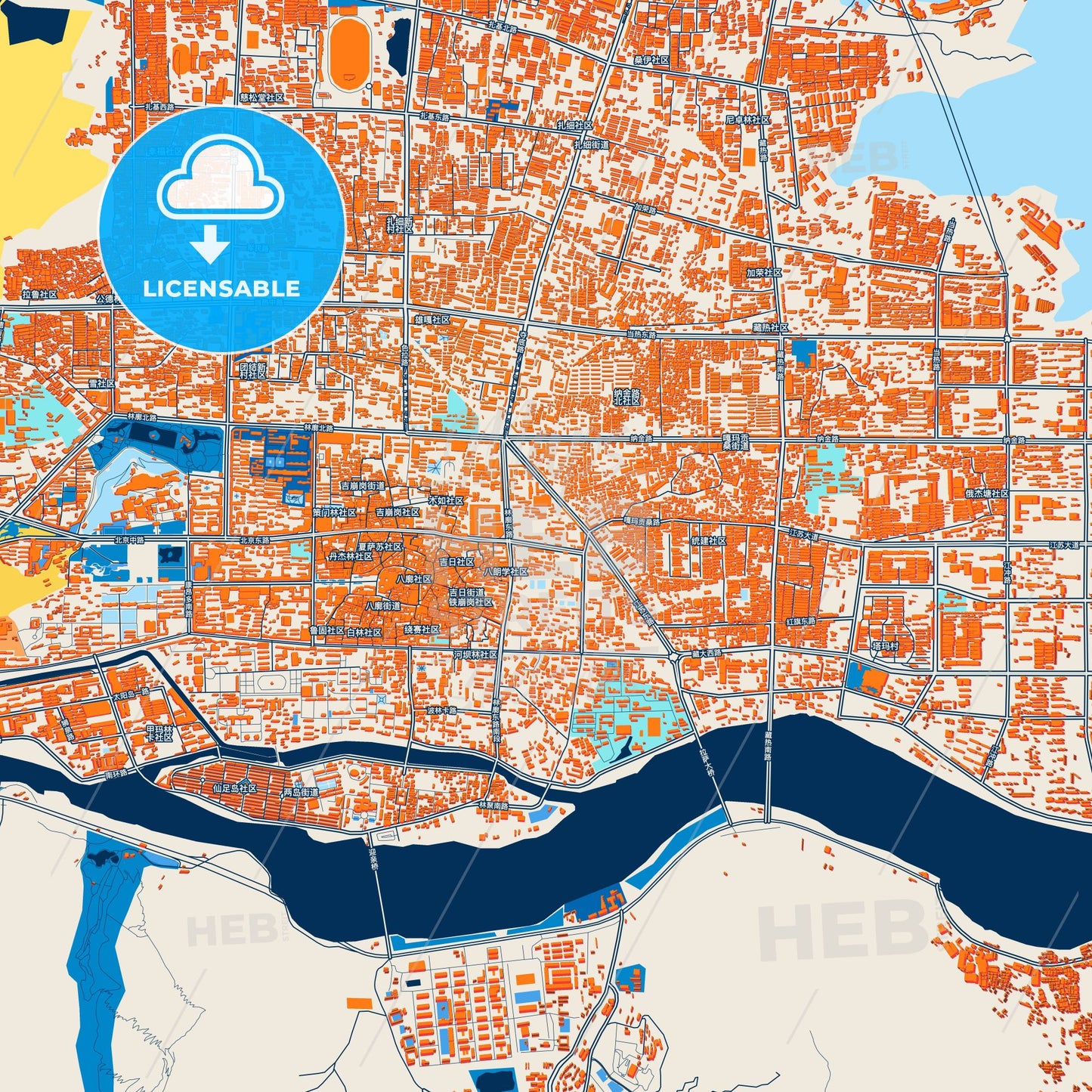 Colorful Lhasa Street Map with Labels and Buildings