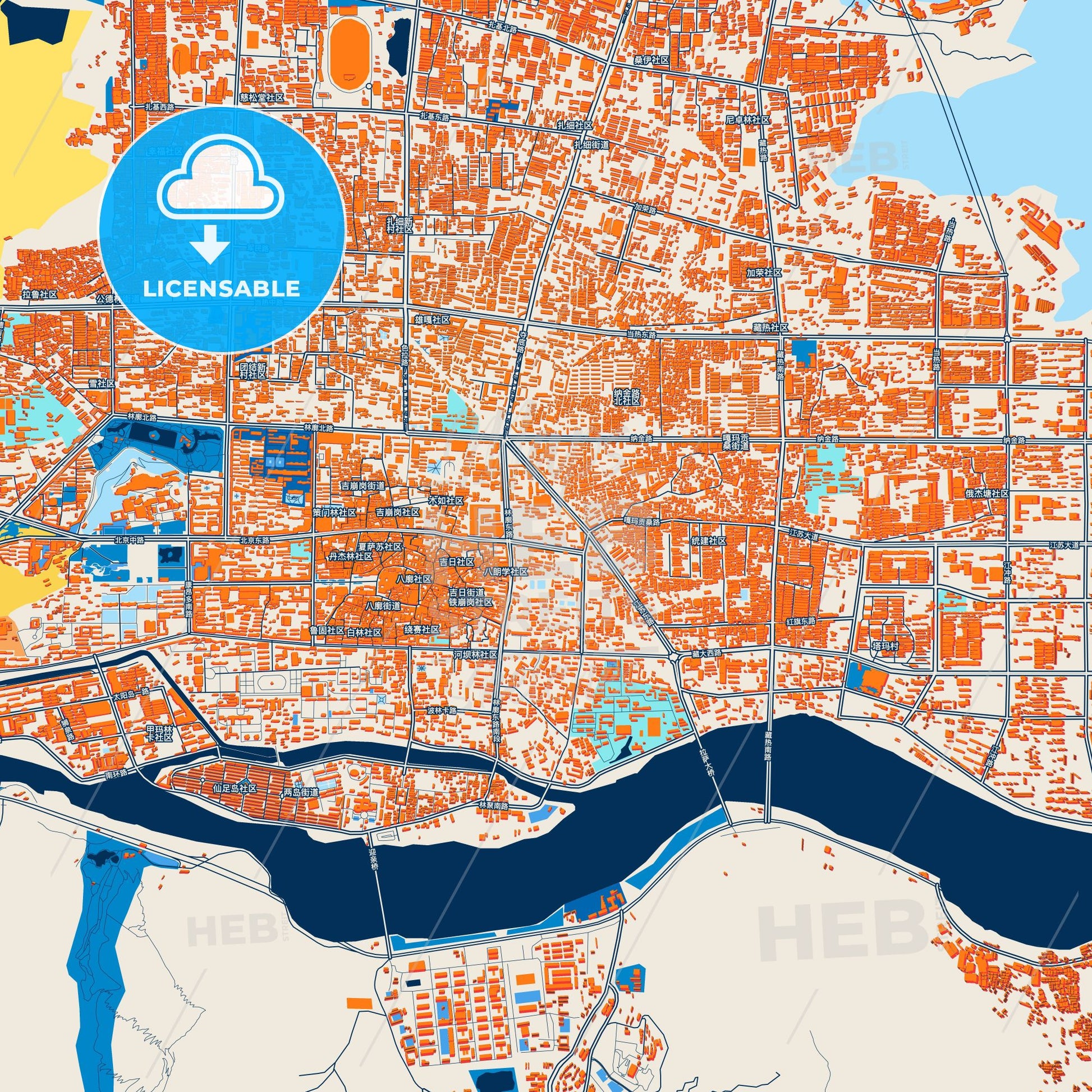 Colorful Lhasa Street Map with Labels and Buildings