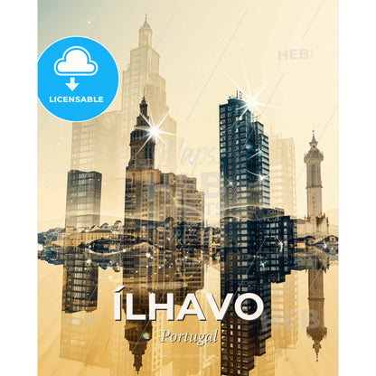 Ãlhavo skyline double exposure poster art - A city skyline with many buildings - Square format print template