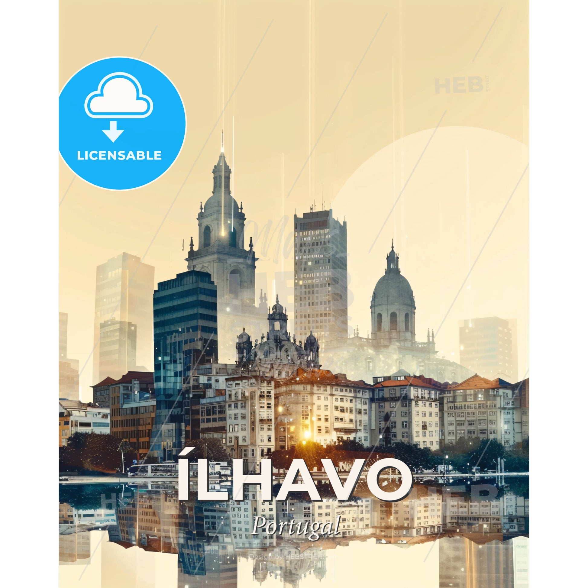 Alcavo City Lights: Double Exposure Skyline Art - A city with many tall buildings and a body of water - Square format print template