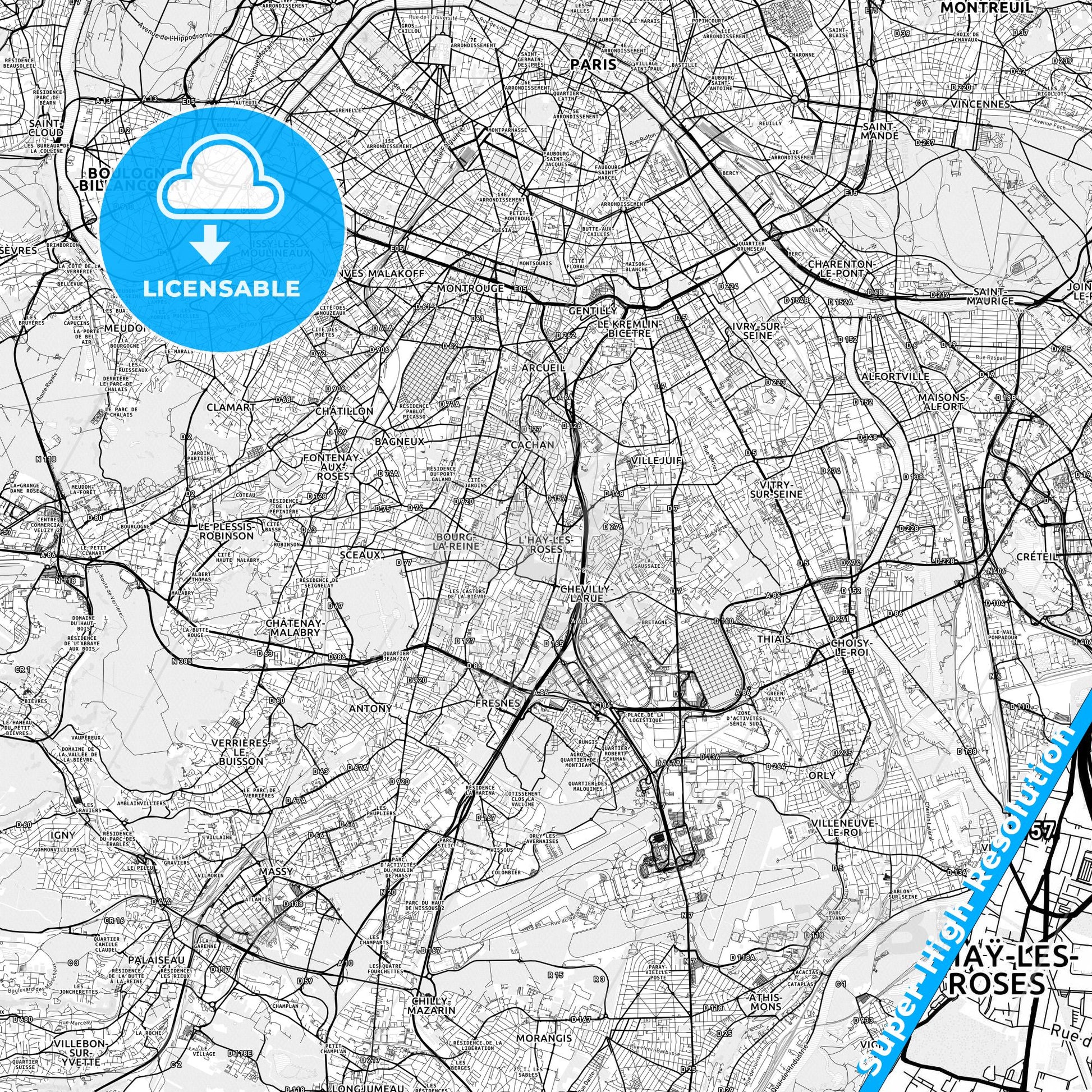 L Haÿ-les-Roses, France light map with streetnames, citynames and districts