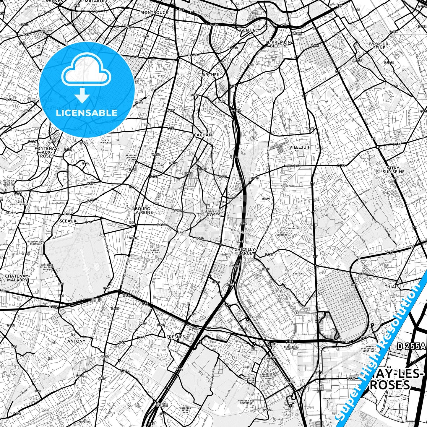 L Haÿ-les-Roses, France Light Map with Street Names, City Names, and Districts
