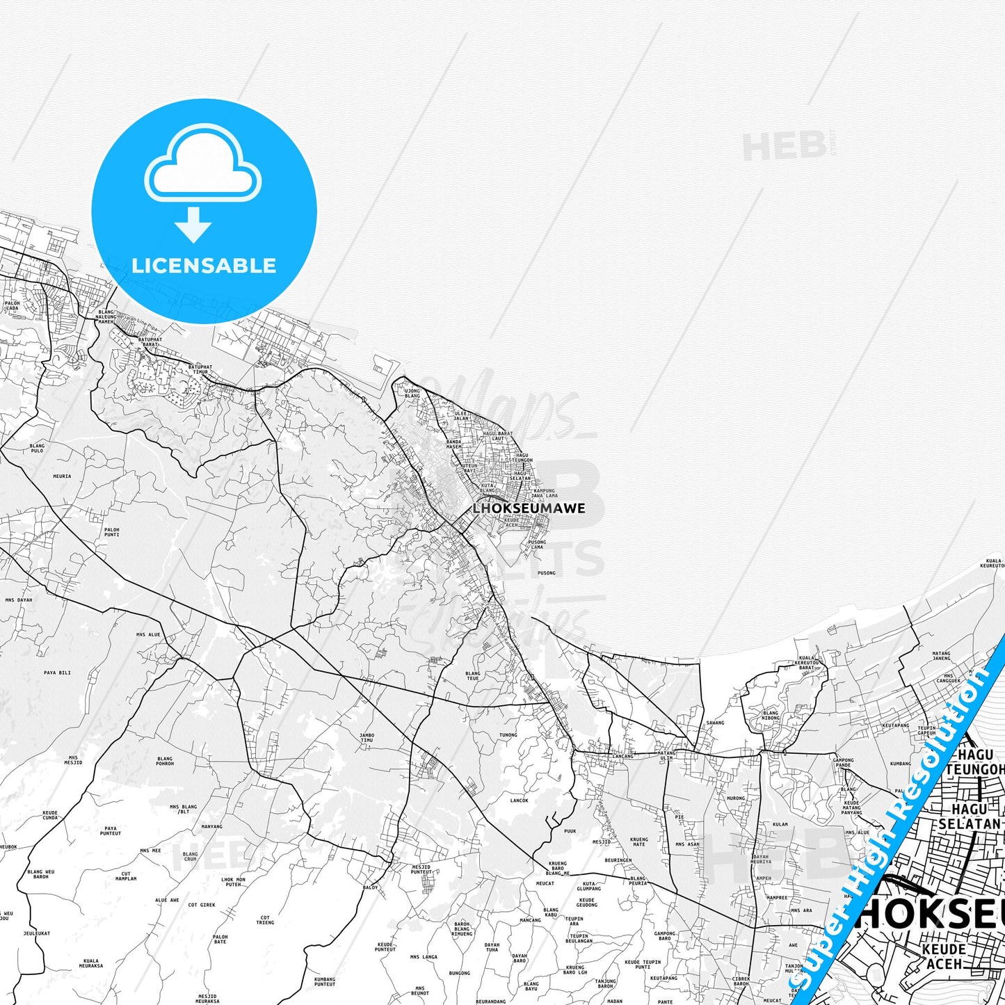 Lhokseumawe, Indonesia light map with streetnames, citynames and districts