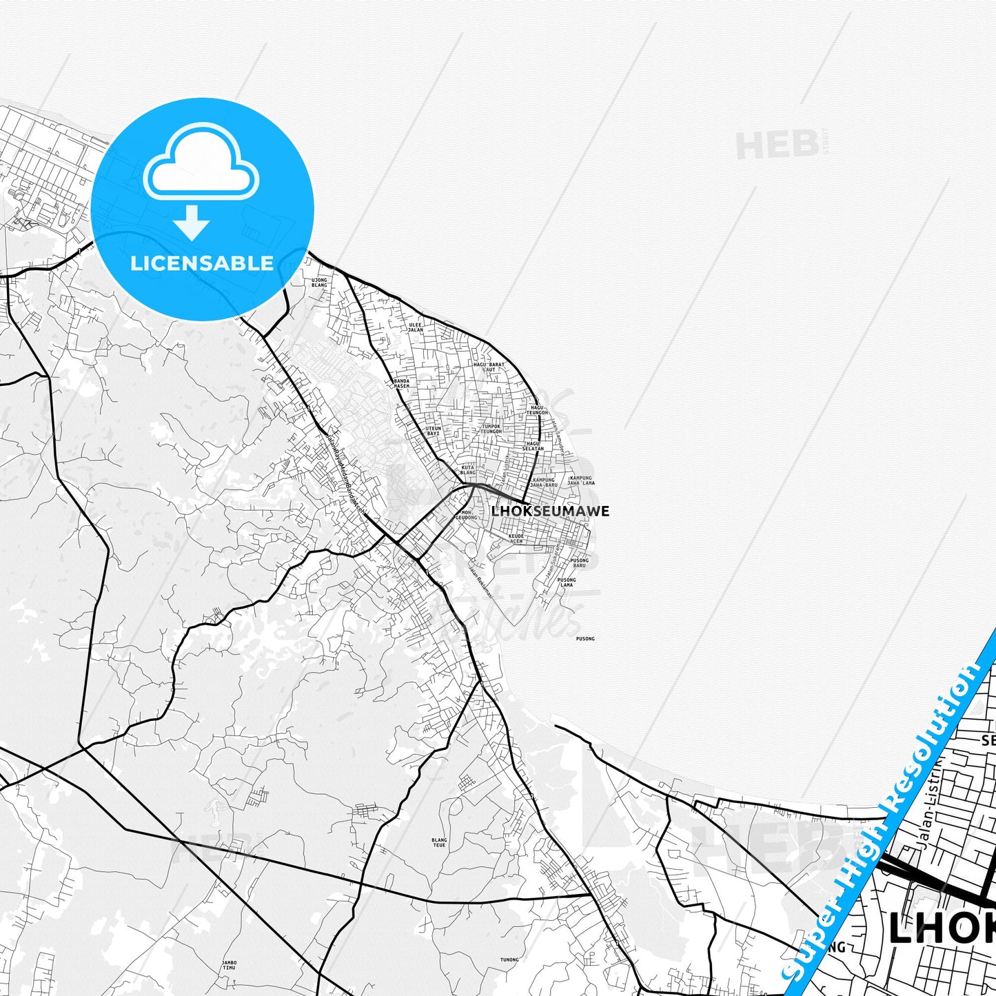 Lhokseumawe, Indonesia Light Map with Street Names, City Names, and Districts