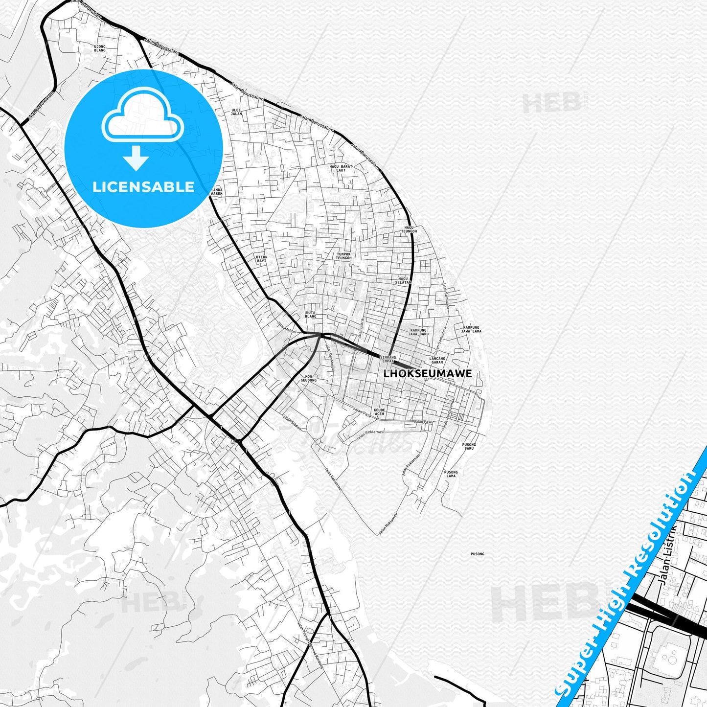 Lhokseumawe, Indonesia Light Map with Street Names, City Names, and Districts