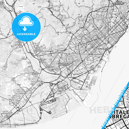 L Hospitalet de Llobregat, Spain light map with streetnames, citynames and districts