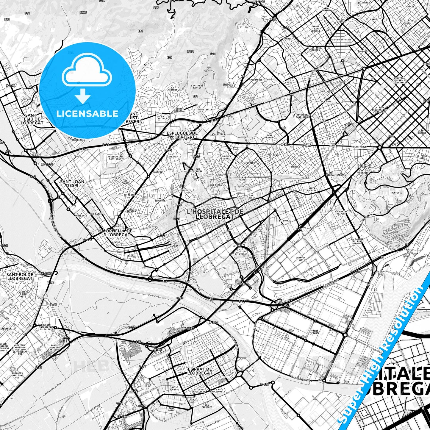 L Hospitalet de Llobregat, Spain Light Map with Street Names, City Names, and Districts