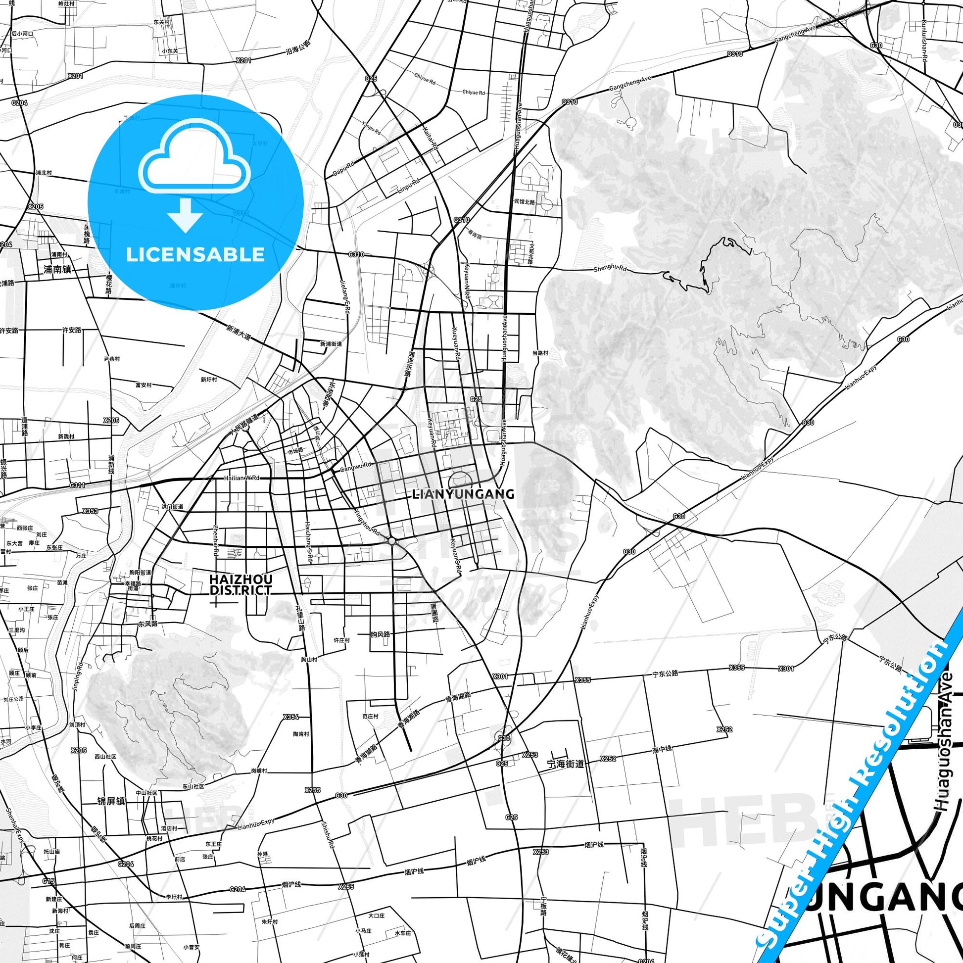 Lianyungang, China light map with streetnames, citynames and districts