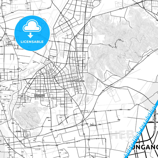 Lianyungang, China light map with streetnames, citynames and districts