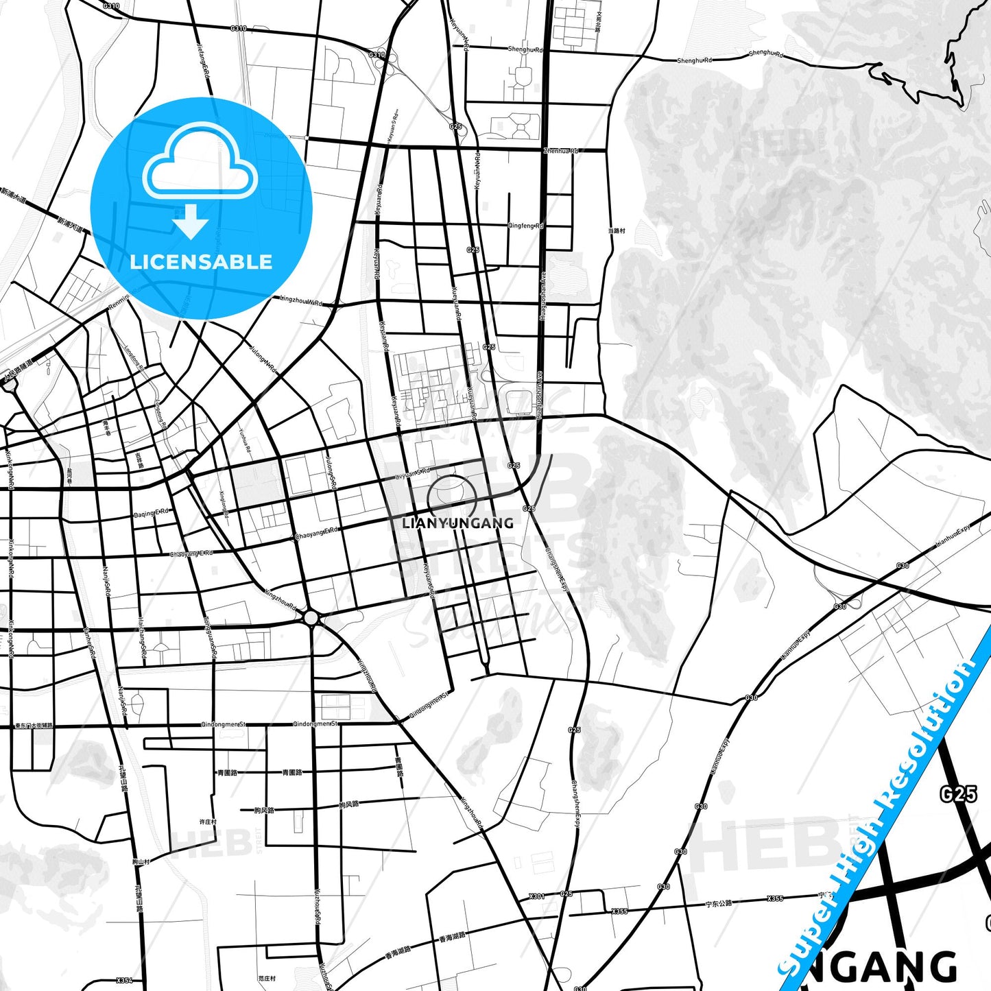 Lianyungang, China Light Map with Street Names, City Names, and Districts
