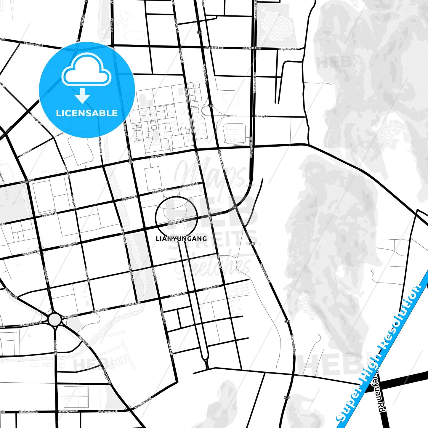 Lianyungang, China Light Map with Street Names, City Names, and Districts