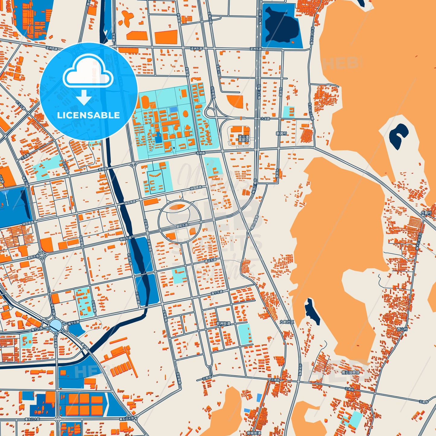 Colorful Lianyungang Street Map with Labels and Buildings