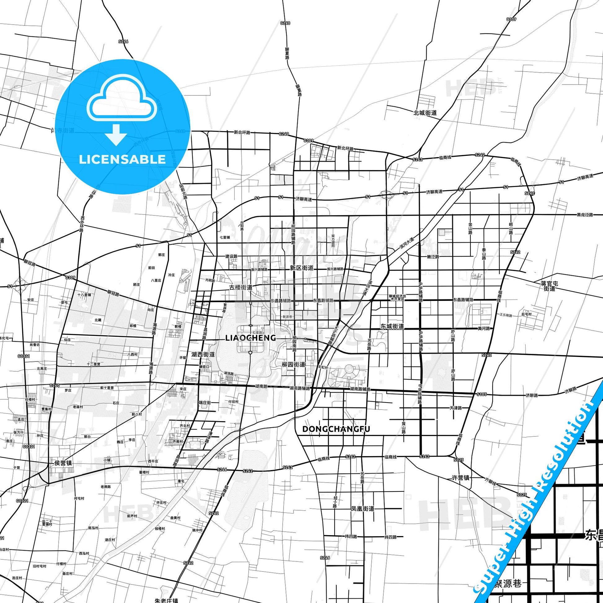 Liaocheng, China light map with streetnames, citynames and districts