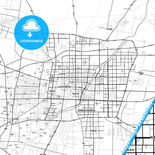 Liaocheng, China light map with streetnames, citynames and districts
