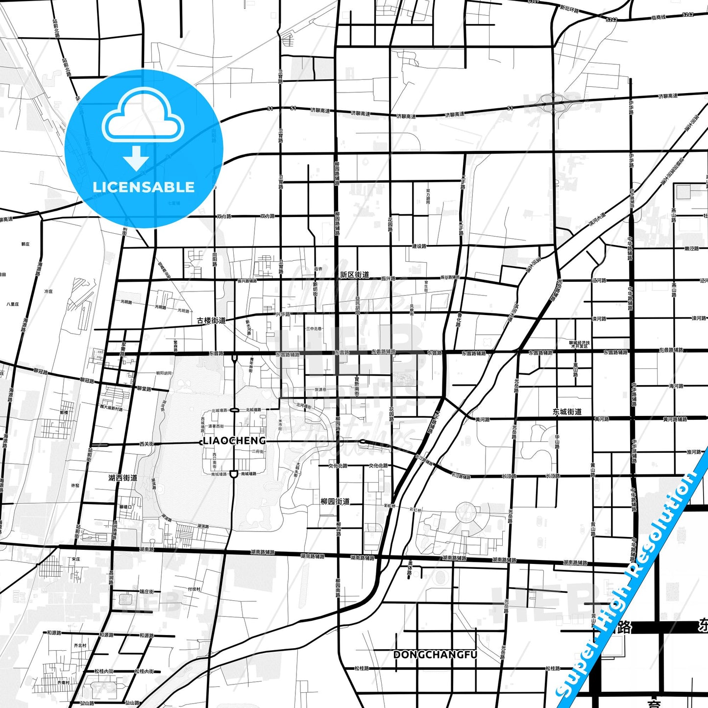 Liaocheng, China Light Map with Street Names, City Names, and Districts