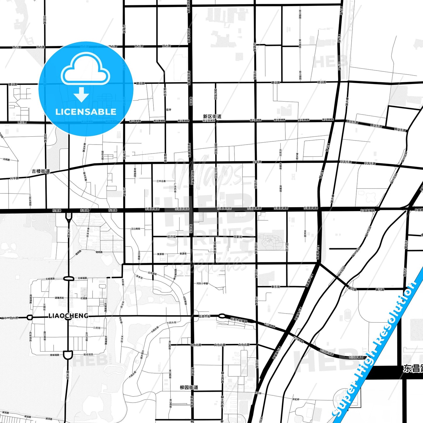 Liaocheng, China Light Map with Street Names, City Names, and Districts