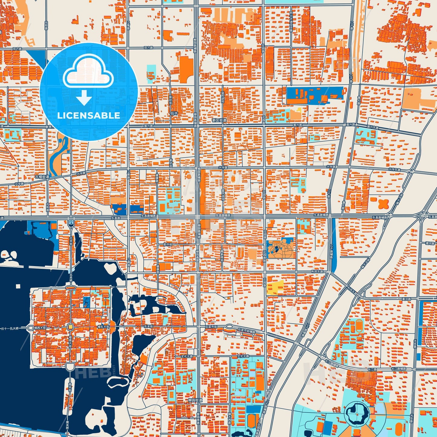 Colorful Liaocheng Street Map with Labels and Buildings
