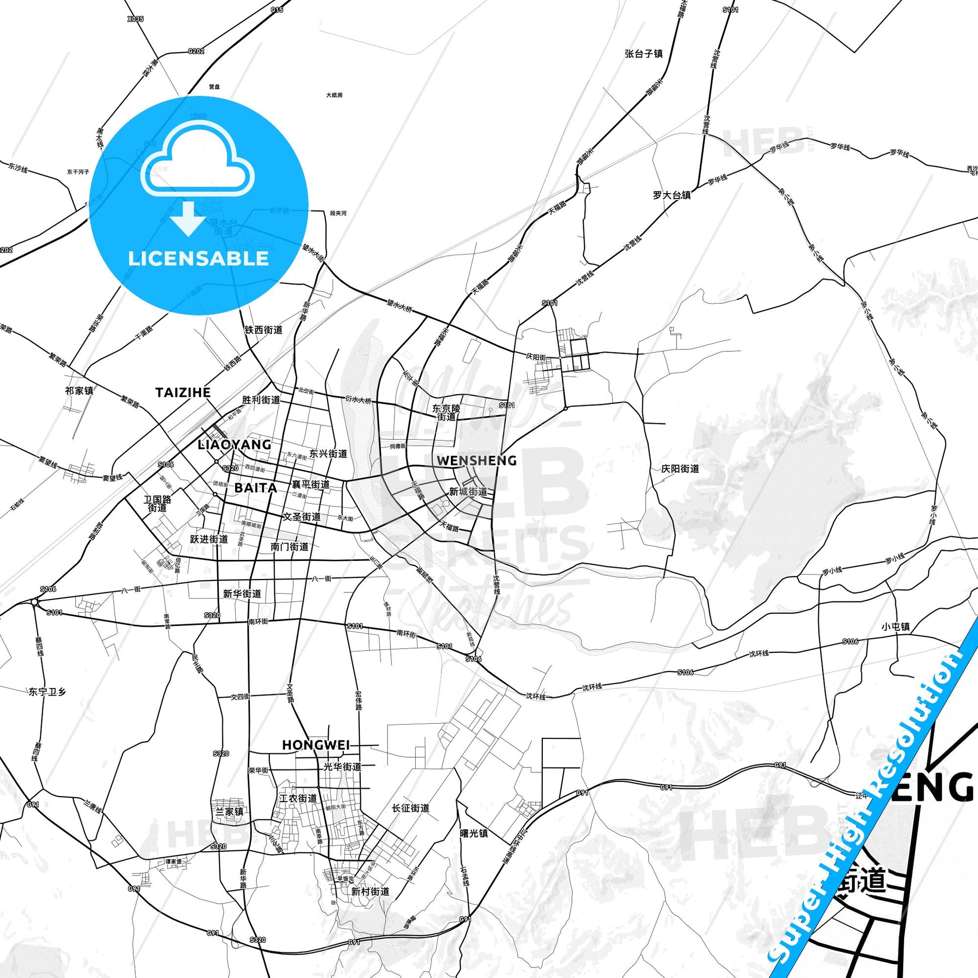Liaoyang, China light map with streetnames, citynames and districts