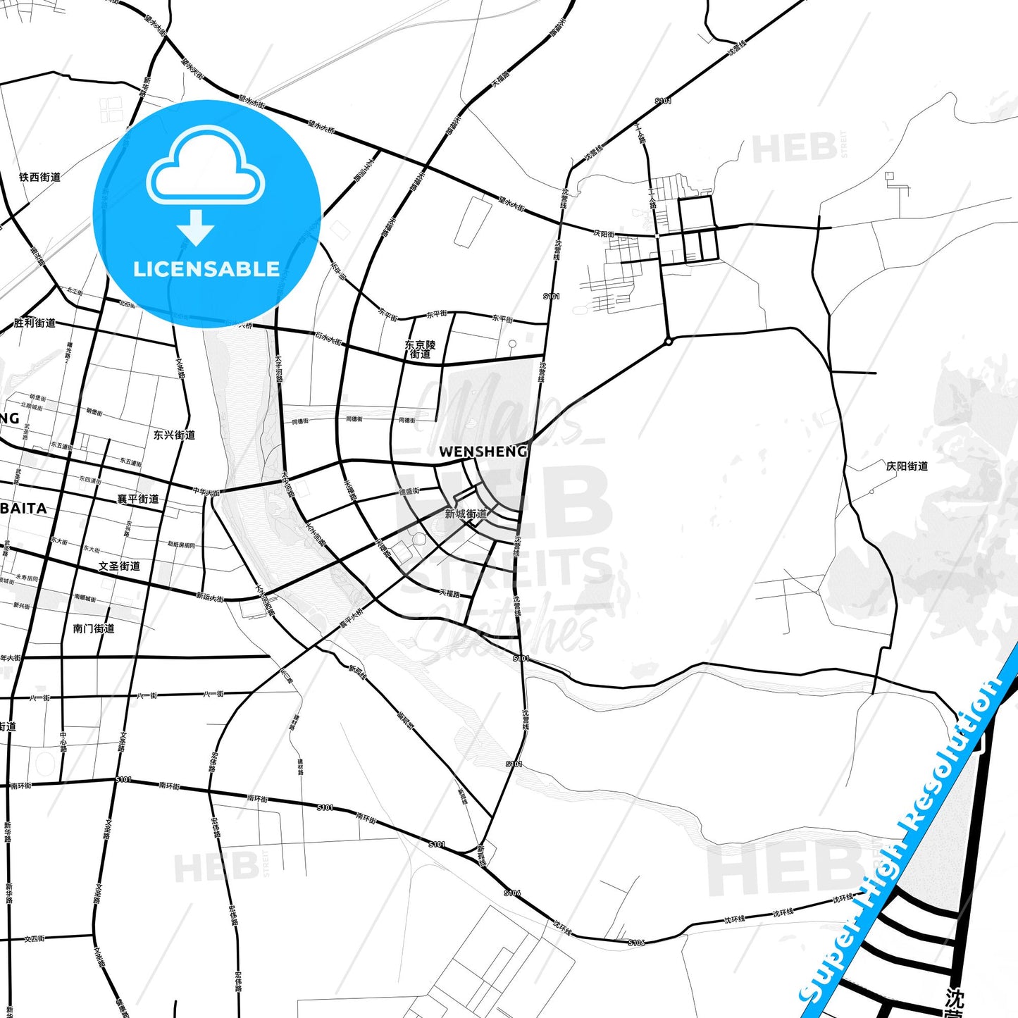 Liaoyang, China Light Map with Street Names, City Names, and Districts