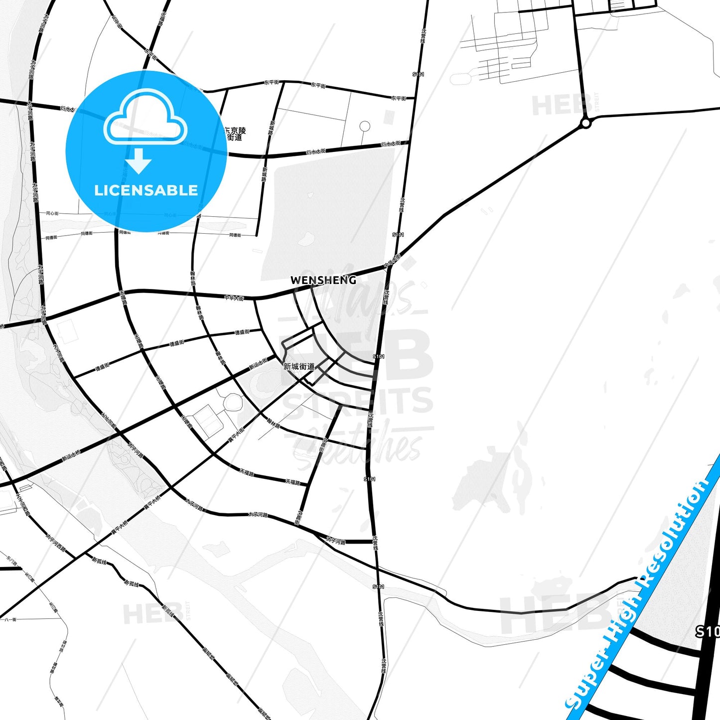 Liaoyang, China Light Map with Street Names, City Names, and Districts