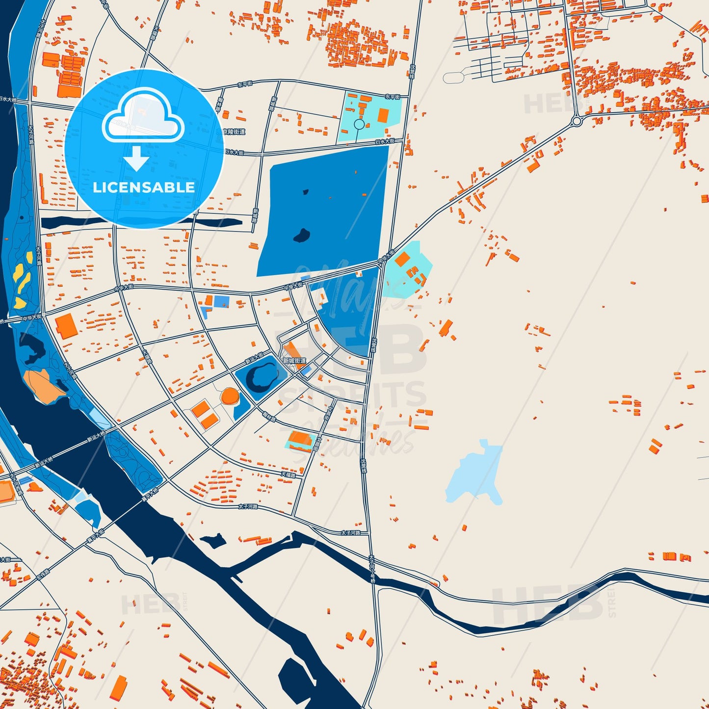 Colorful Liaoyang Street Map with Labels and Buildings