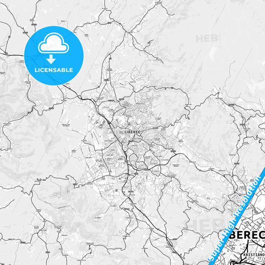 Liberec, Czechia light map with streetnames, citynames and districts