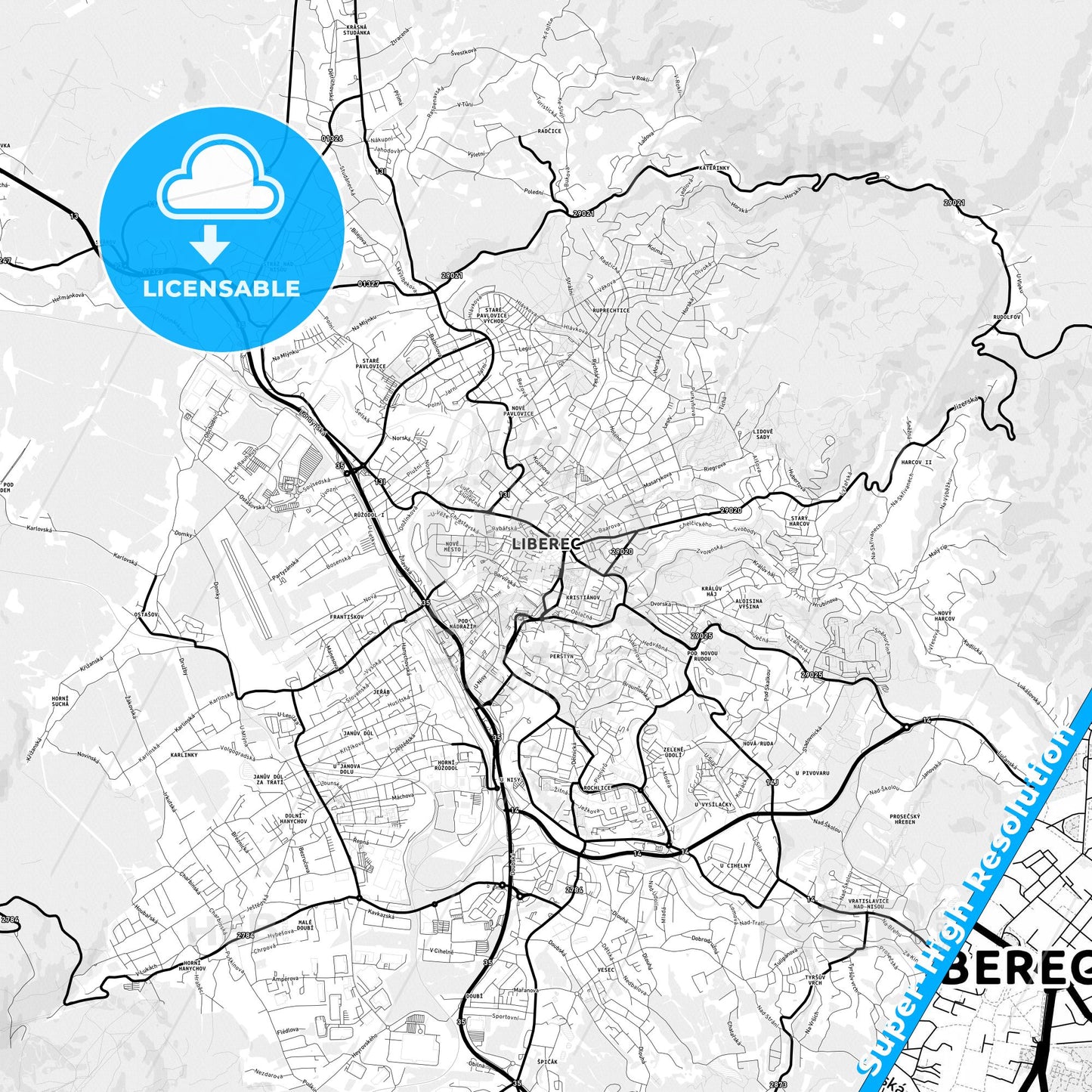Liberec, Czechia Light Map with Street Names, City Names, and Districts