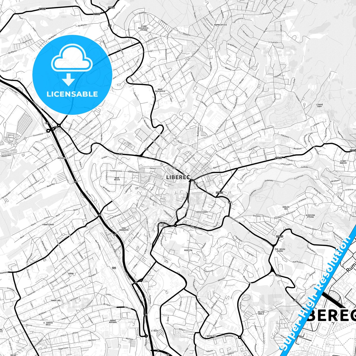 Liberec, Czechia Light Map with Street Names, City Names, and Districts