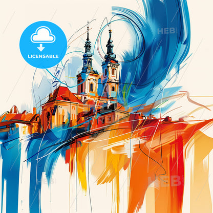 Vibrant Liberec, Czechia - A Painting Of A Building With Towers And Blue And Orange Paint