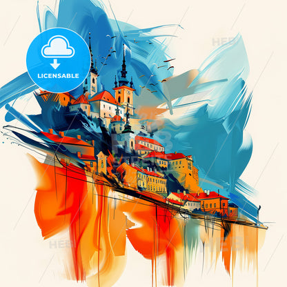 Vibrant Liberec, Czechia - A Painting Of A Skyline With A Colorful Building