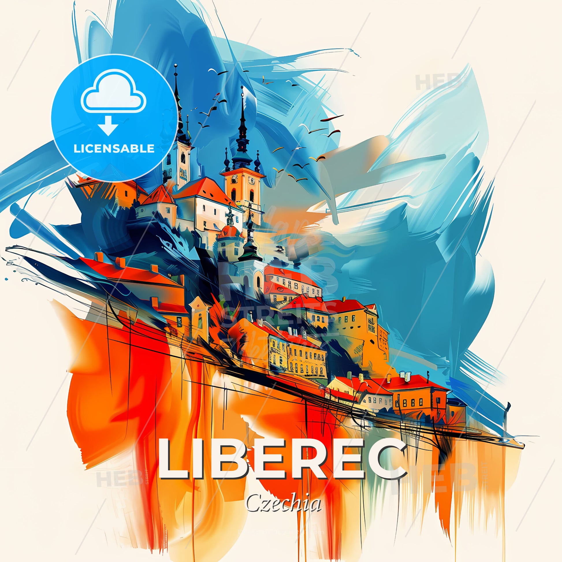 Vibrant Liberec, Czechia - A Painting Of A Skyline With A Colorful Building - Square format print template