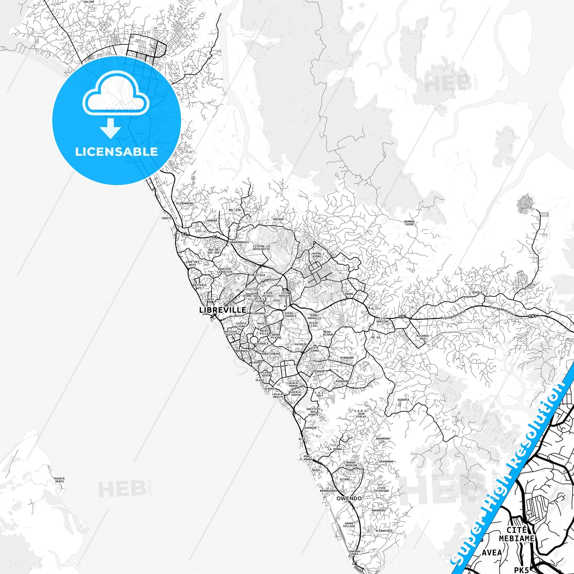 Libreville, Gabon light map with streetnames, citynames and districts